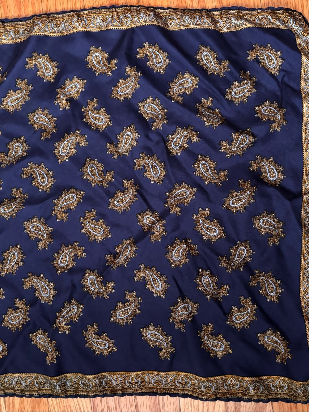 Classic Square Navy and Gold Silk Paisley Scarf
